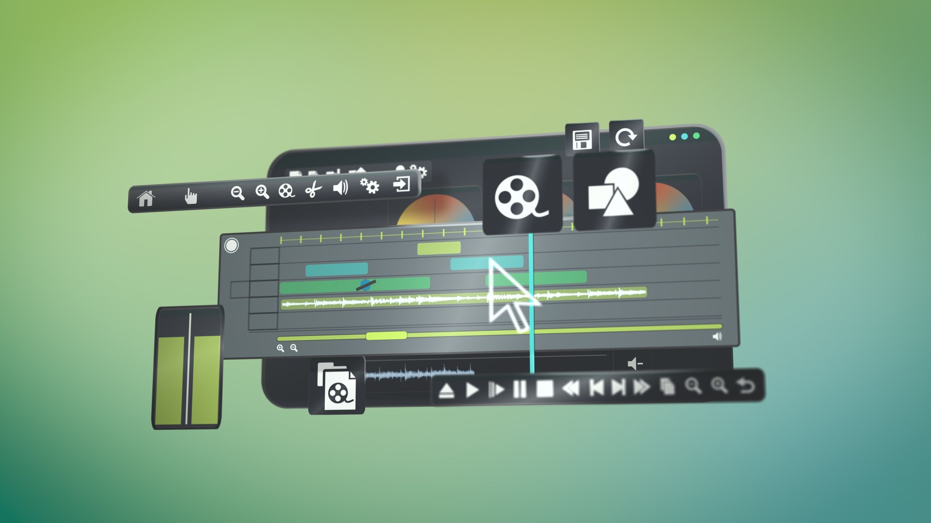 Interface of editing software program app for video audio editing, creating clips, social media posts, 3d