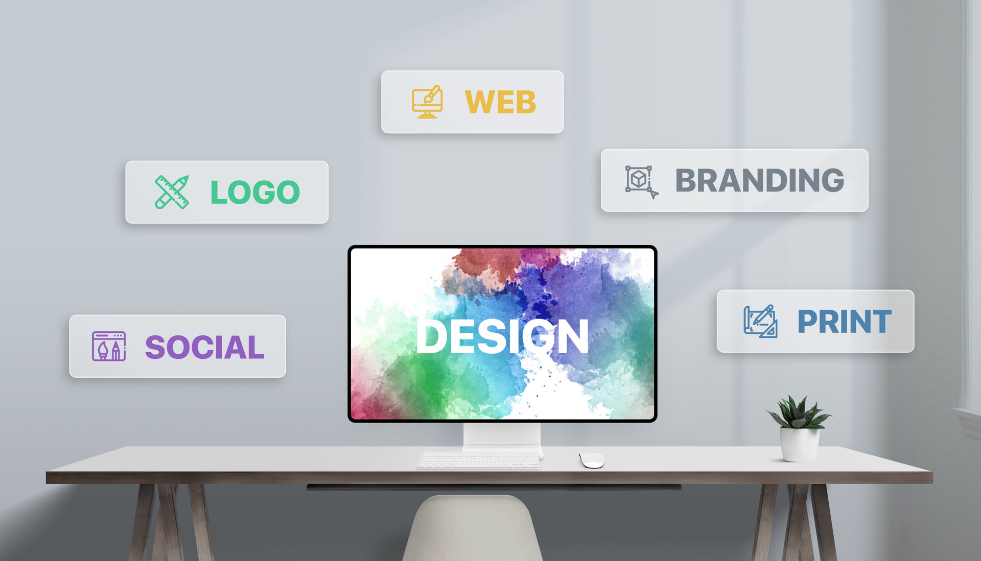 Design screen on desk surrounded by floating icons representing core creative categories: logo, branding, social, web, and print